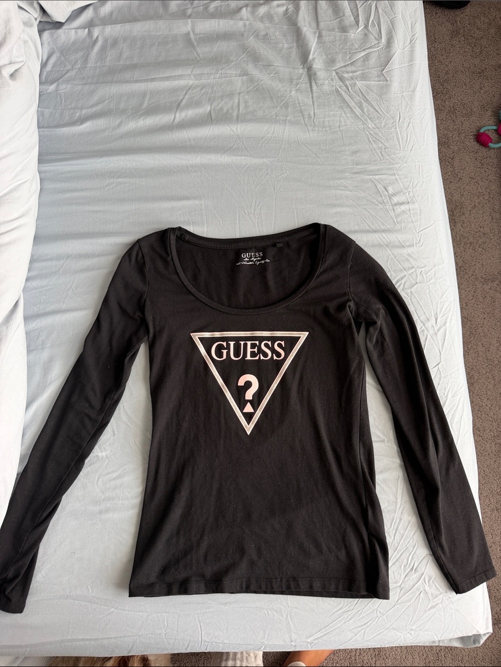 Guess Black Long Sleeve Logo Tee with Pink Accent